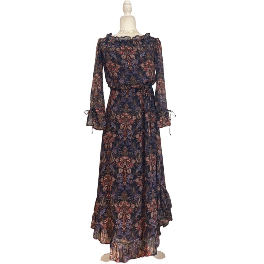 ECRU Clothing Silk Floral Ruffle Maxi Dress On or off Shoulder - Picture 2 of 11